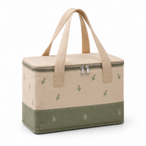 Beige and Green Cactus Pattern Insulated Cooler Bag for Picnic, Lunch and Grocery Shopping