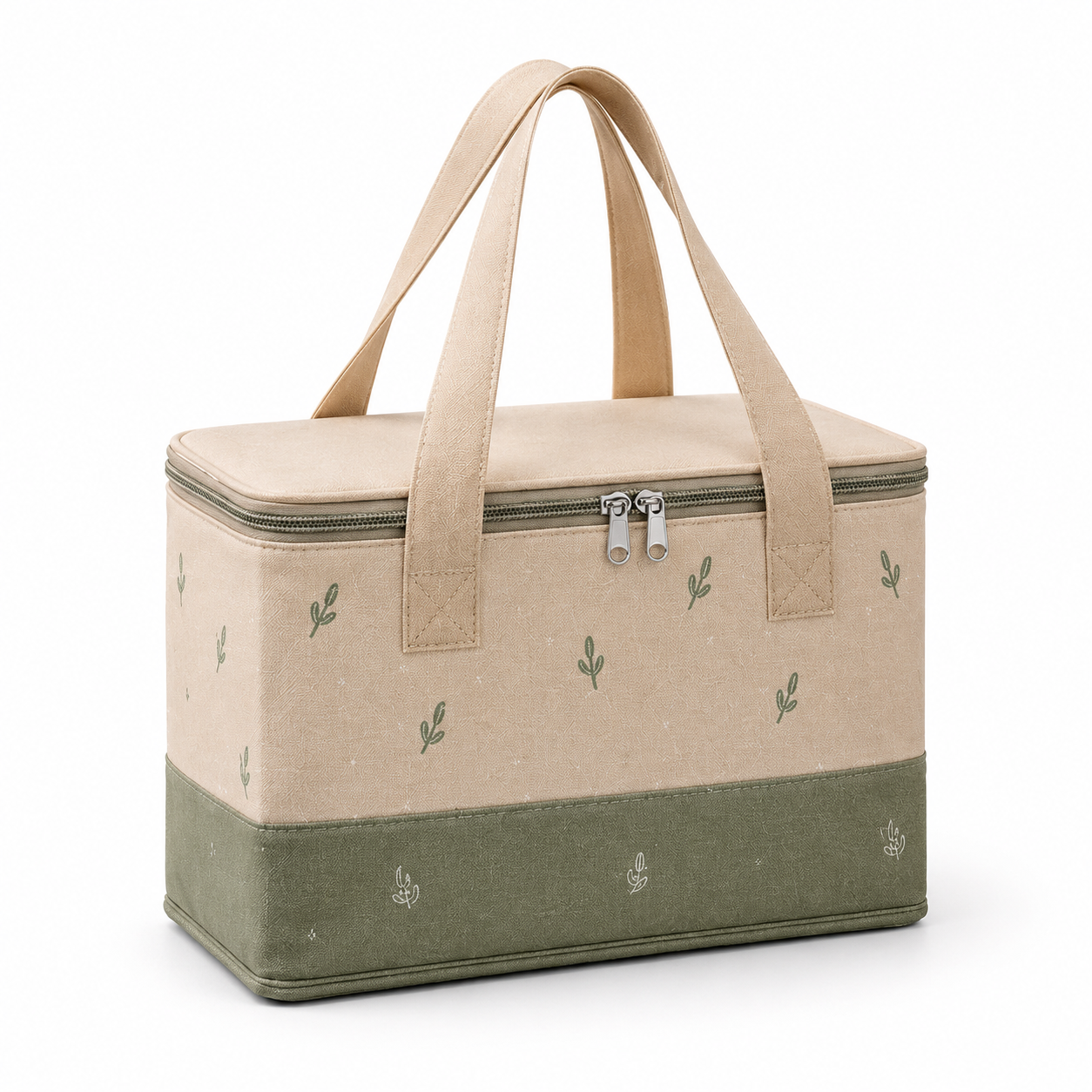 Beige and Green Cactus Pattern Insulated Cooler Bag for Picnic, Lunch and Grocery Shopping