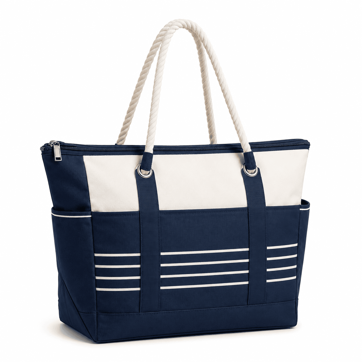 Navy Blue Insulated Cooler Tote Bag with Zipper for Grocery Shopping, Food Delivery and Custom Logo - 图片 4