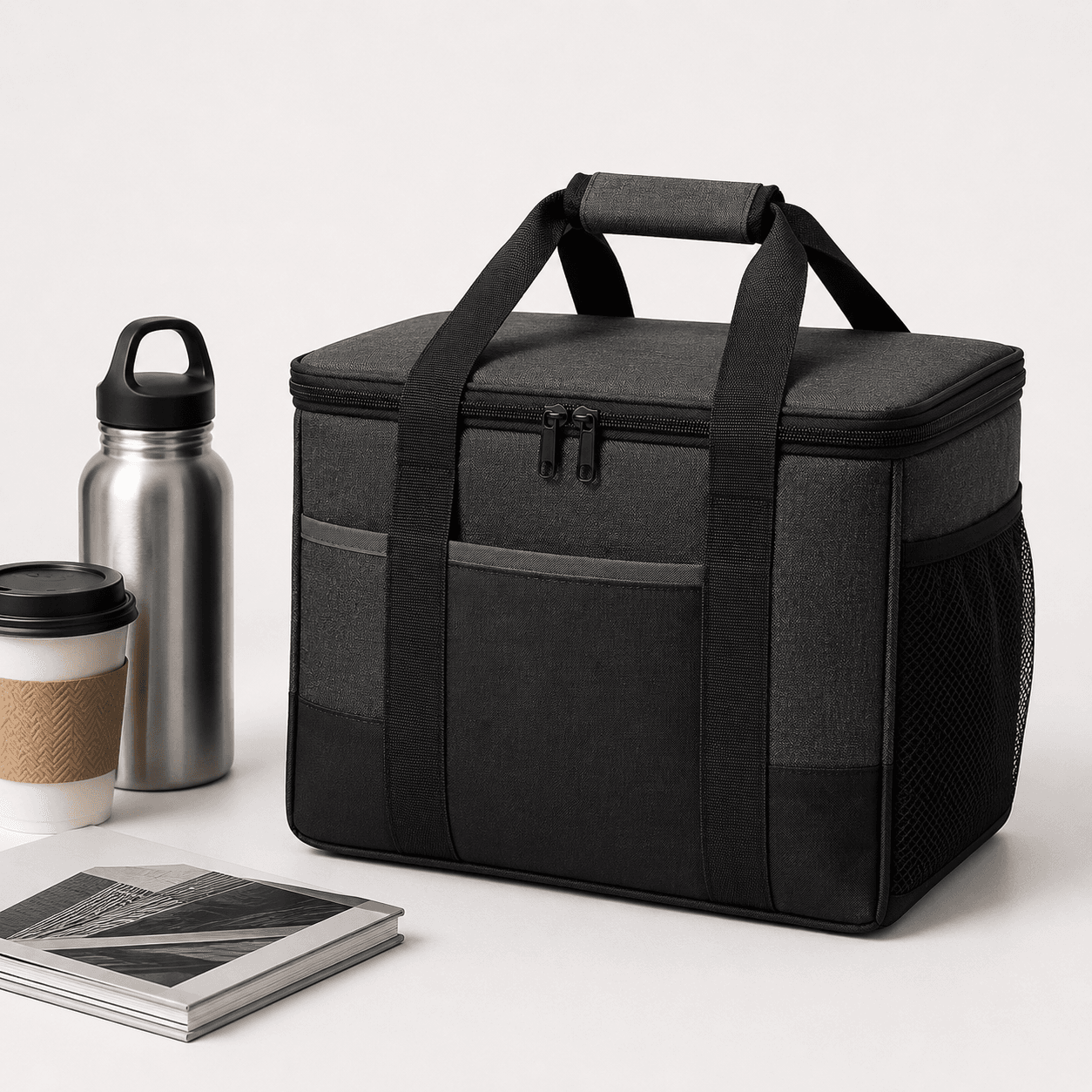 Large Black Insulated Food Delivery Bag with Reflective Strip, Zipper and Side Mesh Pocket - 图片 2
