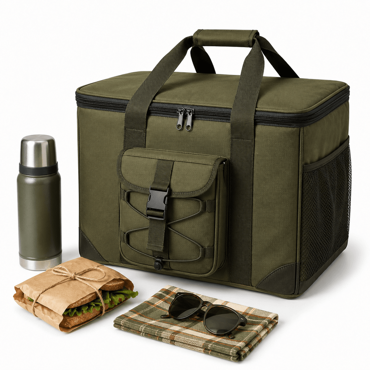 Large Black Insulated Food Delivery Bag with Reflective Strip, Zipper and Side Mesh Pocket - 图片 3