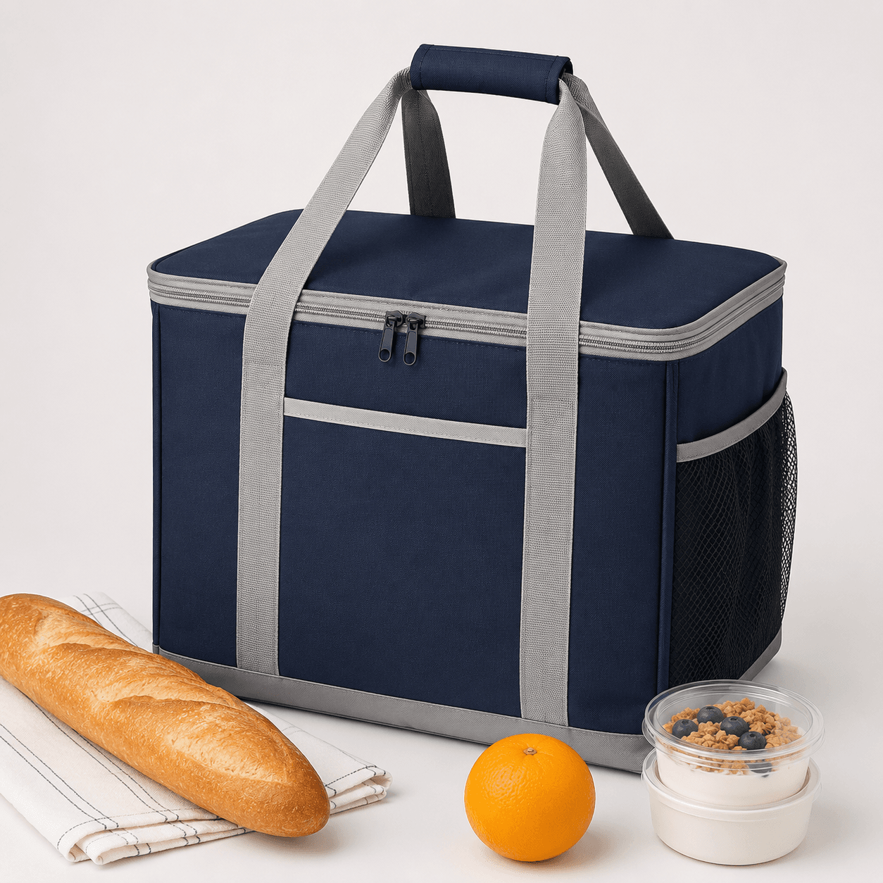 Large Black Insulated Food Delivery Bag with Reflective Strip, Zipper and Side Mesh Pocket - 图片 5