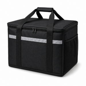 Large Black Insulated Food Delivery Bag with Reflective Strip, Zipper and Side Mesh Pocket