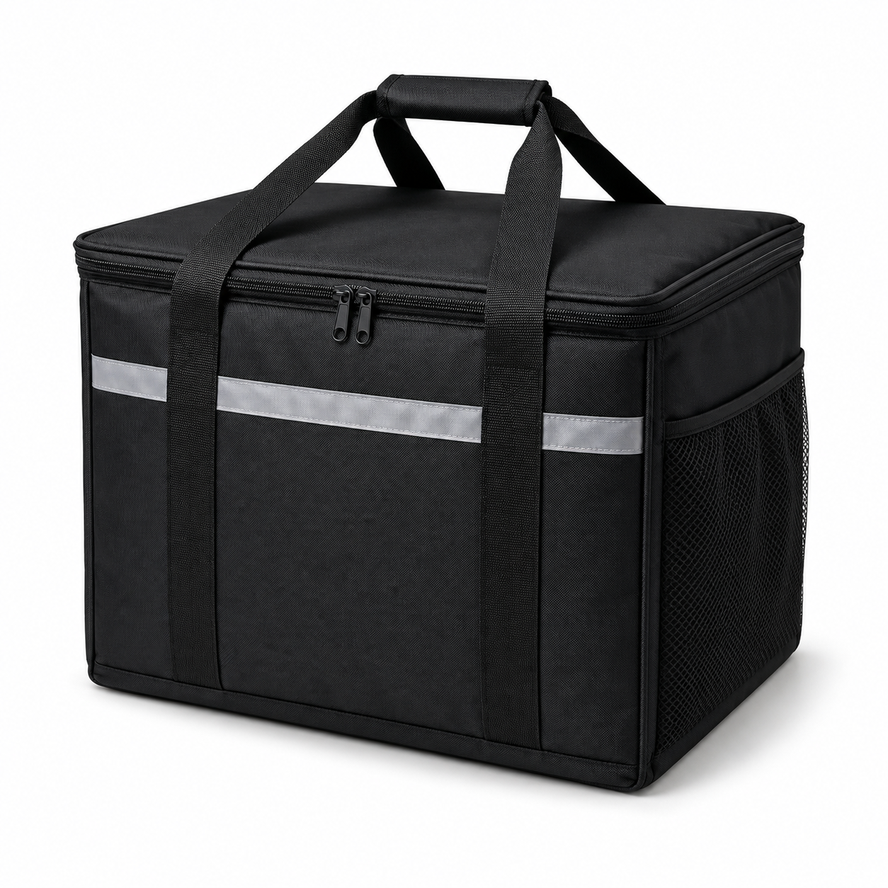 Large Black Insulated Food Delivery Bag with Reflective Strip, Zipper and Side Mesh Pocket
