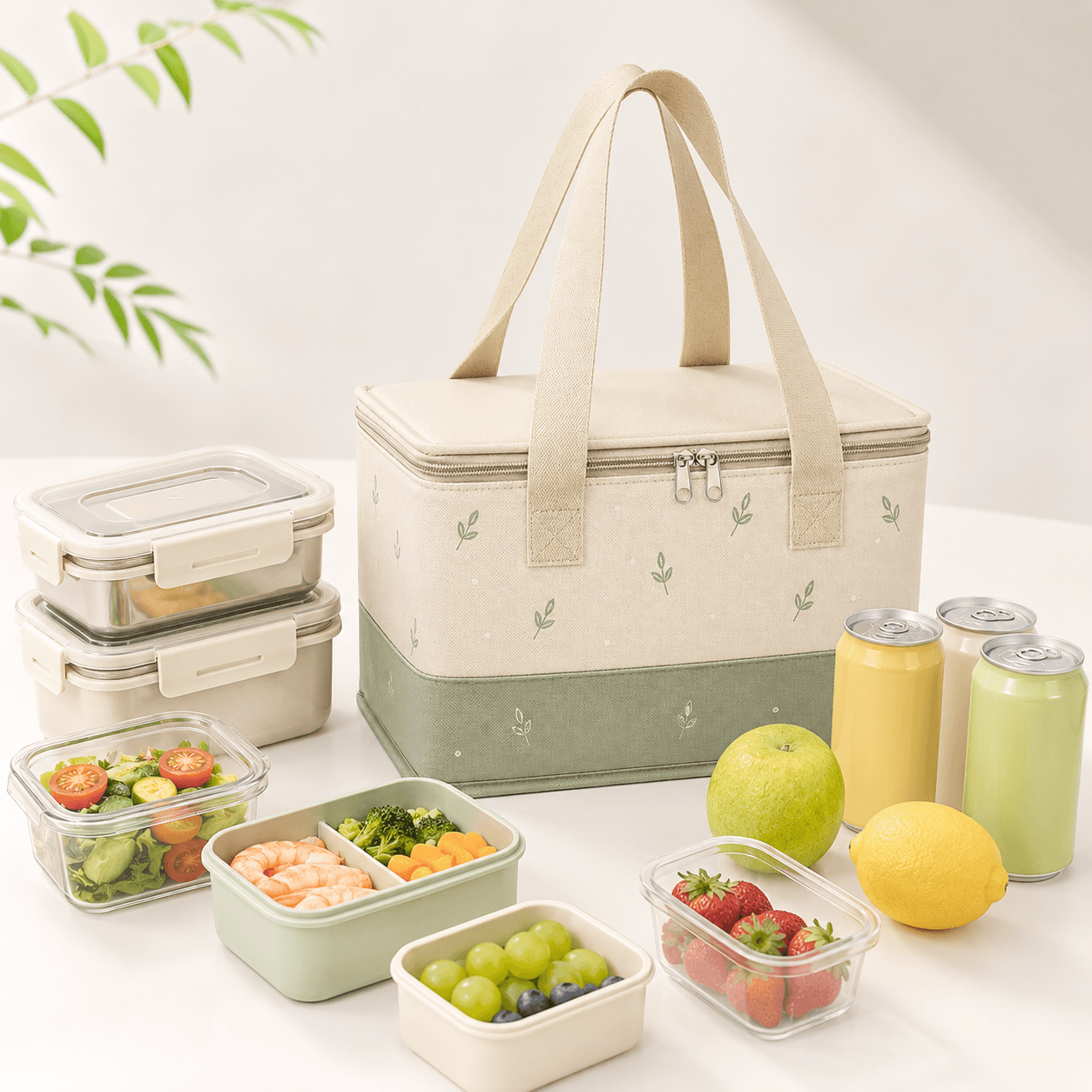 Beige and Green Cactus Pattern Insulated Cooler Bag for Picnic, Lunch and Grocery Shopping - 图片 4