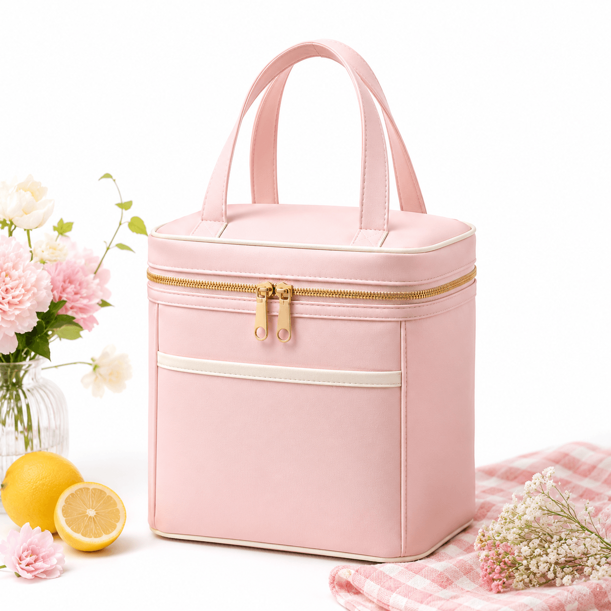 Beige Insulated Lunch Cooler Bag with Gold Zipper for Food Storage and Custom Branding - 图片 3