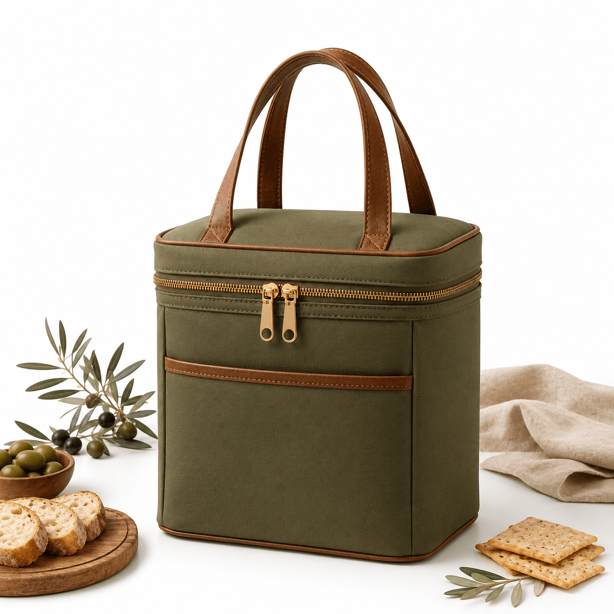 Beige Insulated Lunch Cooler Bag with Gold Zipper for Food Storage and Custom Branding - 图片 5