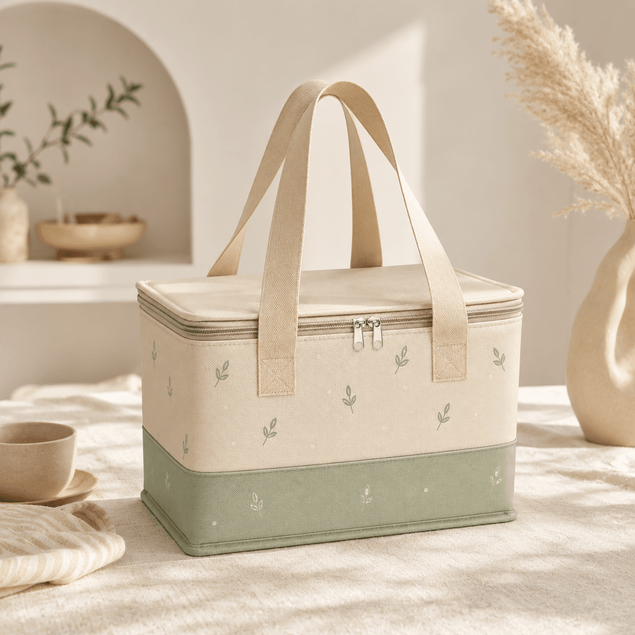 Beige and Green Cactus Pattern Insulated Cooler Bag for Picnic, Lunch and Grocery Shopping - 图片 2