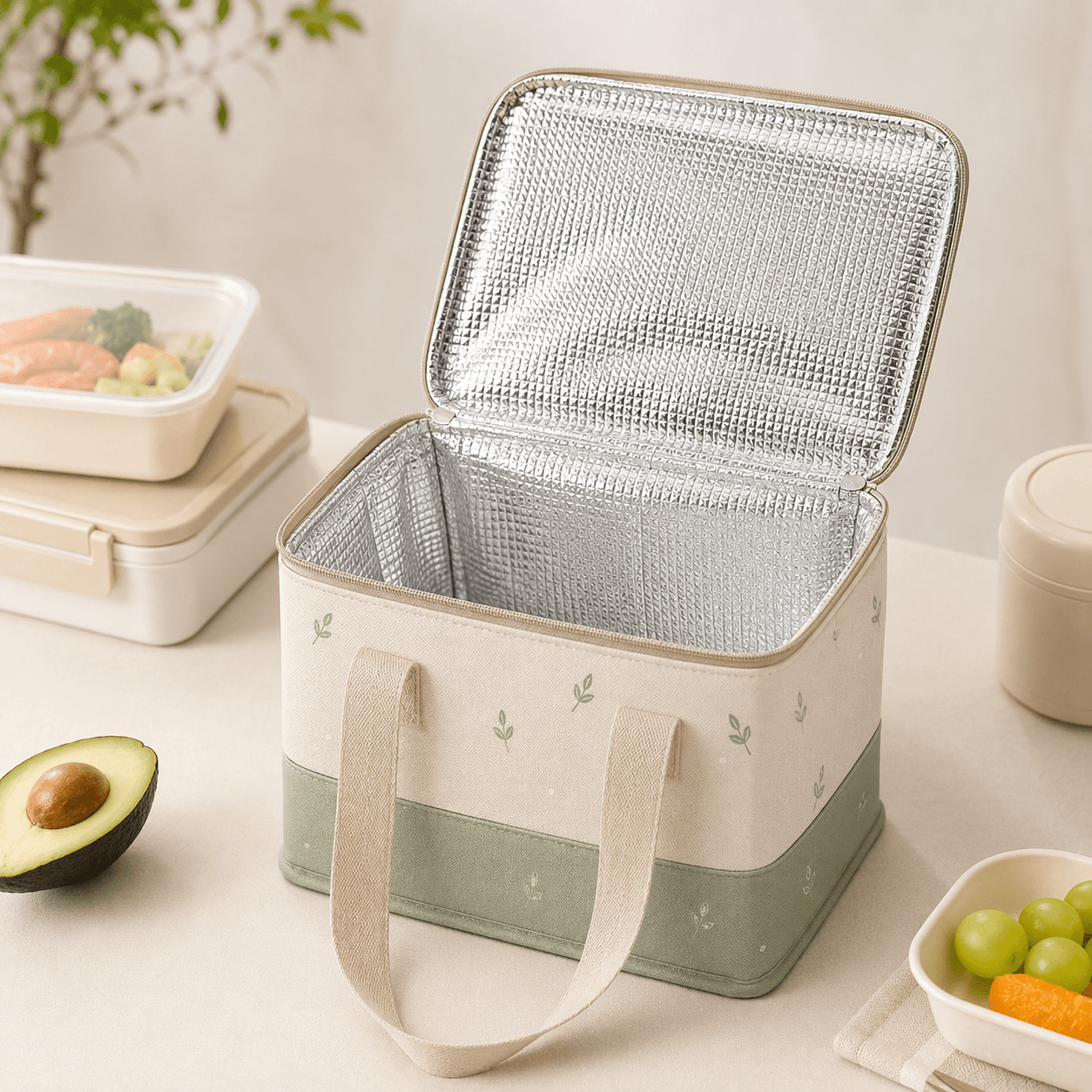 Beige and Green Cactus Pattern Insulated Cooler Bag for Picnic, Lunch and Grocery Shopping - 图片 3
