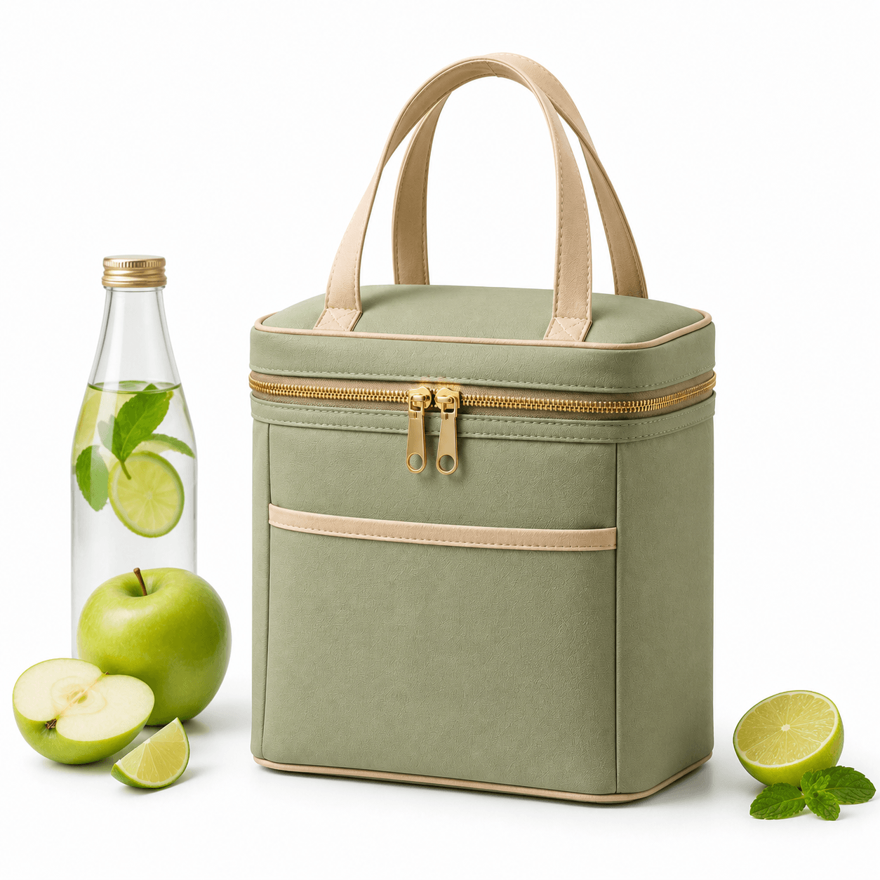 Beige Insulated Lunch Cooler Bag with Gold Zipper for Food Storage and Custom Branding - 图片 2